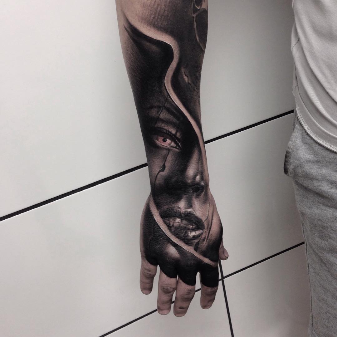 Black and Grey, Gothic Realism Fusion portrait by Rember, Dark Age Tattoo  Studio: TattooNOW